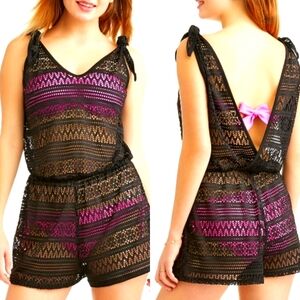 🔵 No Boundaries Y2K Black Crochet Hollow Out Open Surplice Back Romper Large